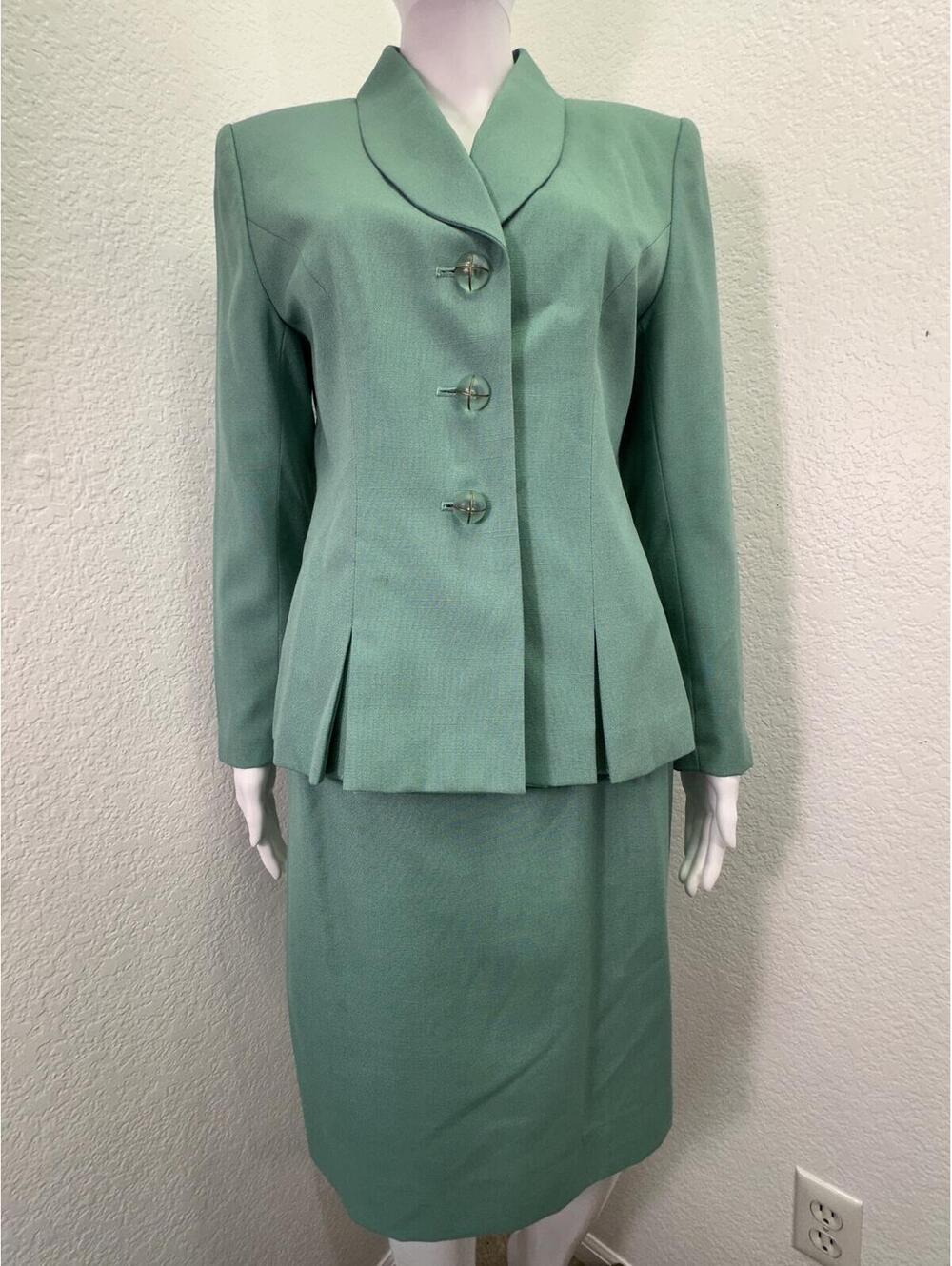 Women’s Sz 8P Kasper ASL Jade Green Pencil Skirt Suit Tailored Fit Box Pleats